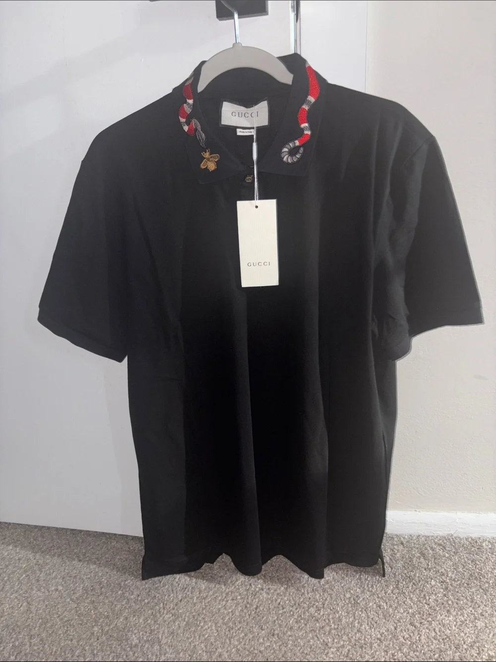 Gucci Black Polo with Red & White Snake Collar Embroidery